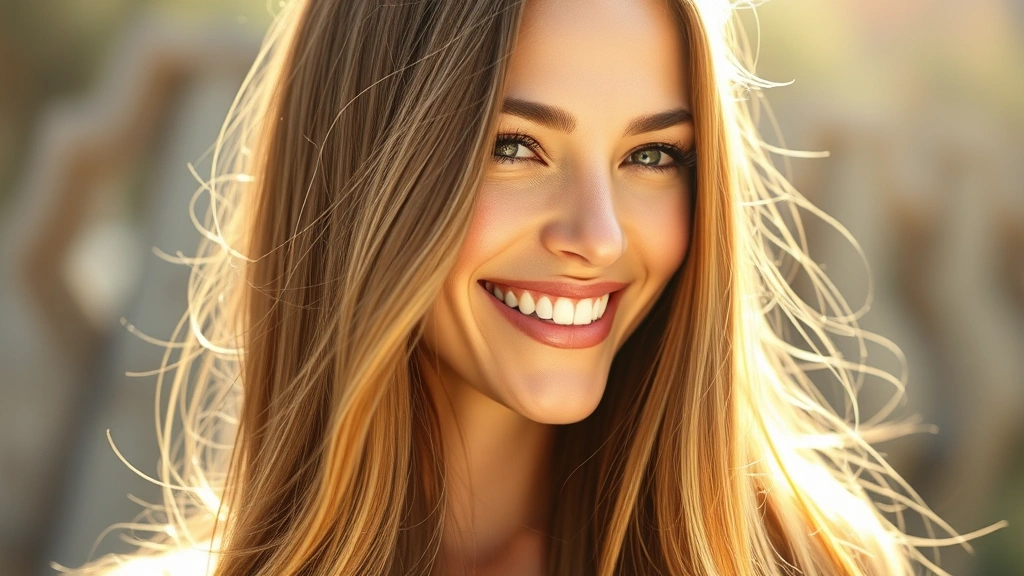 Woman with long, healthy, shiny hair in sunlight, smiling with confidence, natural lighting, close-up of hair texture showing strength and vitality, photorealistic