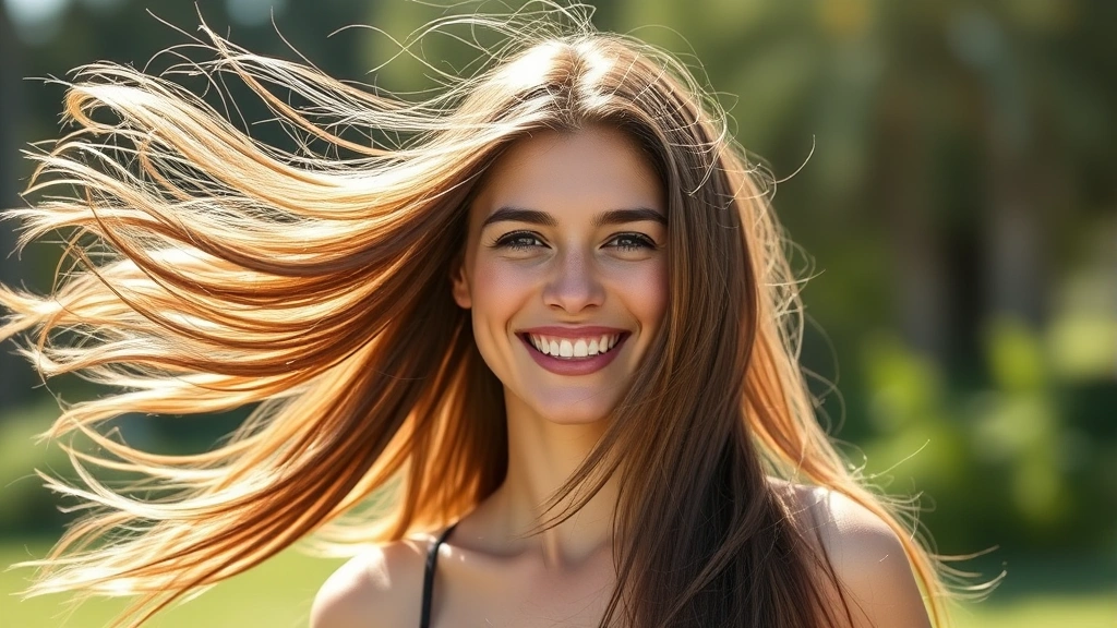 Woman with flowing, healthy long hair smiling confidently outdoors in natural sunlight, representing hair growth success and natural beauty, photorealistic portrait photography