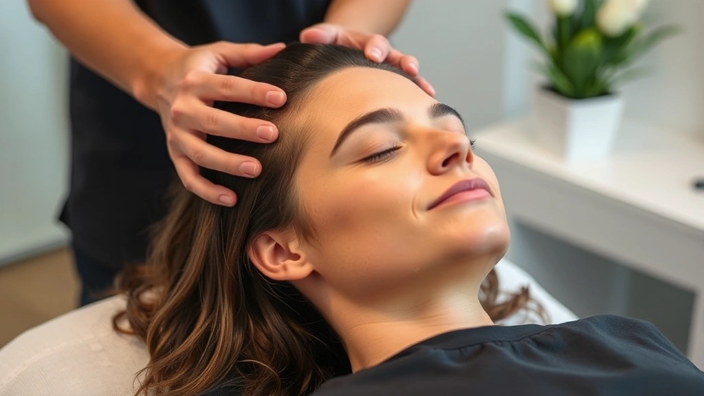 Person receiving professional scalp massage or hair treatment with visible relaxation and wellness, demonstrating complementary hair growth care practices in modern salon setting