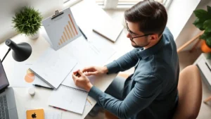 Person reviewing personal development goals in a modern workspace, surrounded by notebooks and growth charts, natural lighting, focused expression, overhead perspective, minimalist desk setup