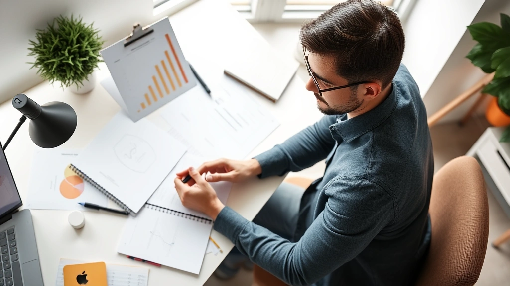 Person reviewing personal development goals in a modern workspace, surrounded by notebooks and growth charts, natural lighting, focused expression, overhead perspective, minimalist desk setup