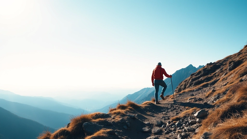 Individual climbing a mountain trail with clear sky, representing personal growth progression, natural landscape, determination visible in posture, mid-afternoon sunlight, expansive vista ahead