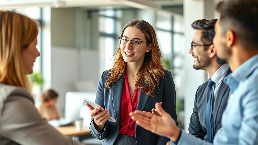 Professional woman in business attire presenting ideas to engaged colleagues in a modern office, demonstrating leadership growth and confidence, collaborative atmosphere, natural workplace lighting