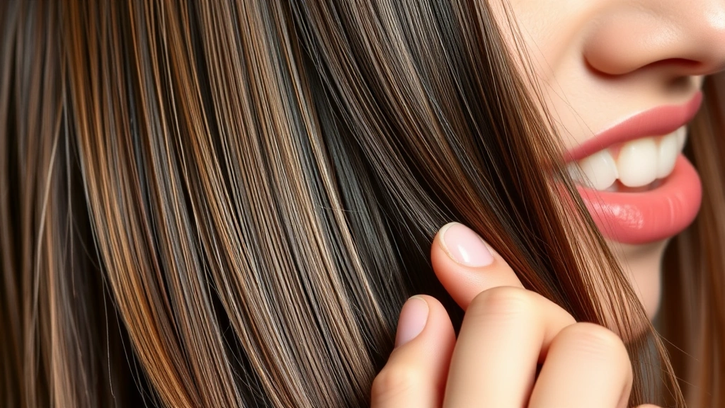 Close-up of vibrant, glossy hair after treatment showing visible shine and health, person running fingers through strengthened strands with satisfied expression, professional photography