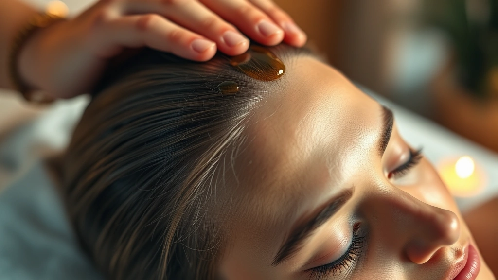 Close-up of healthy scalp receiving massage with oil, hands visible, warm lighting, serene spa-like environment, shallow depth of field, person appearing relaxed and peaceful