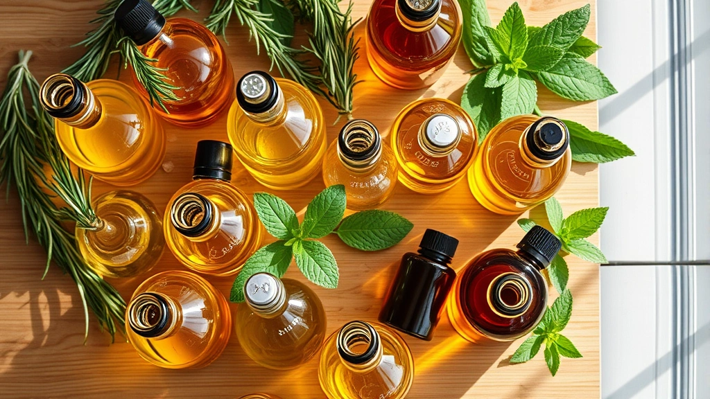 Overhead view of glass bottles containing various golden and amber oils arranged artfully with fresh herbs like rosemary sprigs and peppermint leaves, natural window lighting, wooden surface