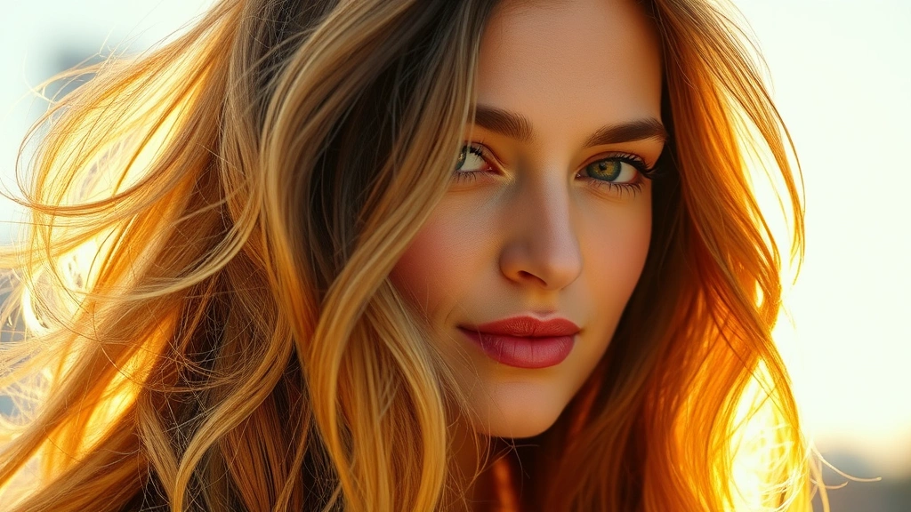 Person with visibly thick, healthy, shiny hair in sunlight, hair flowing naturally, showing volume and vitality, warm golden hour lighting, confident expression, close-up of hair texture