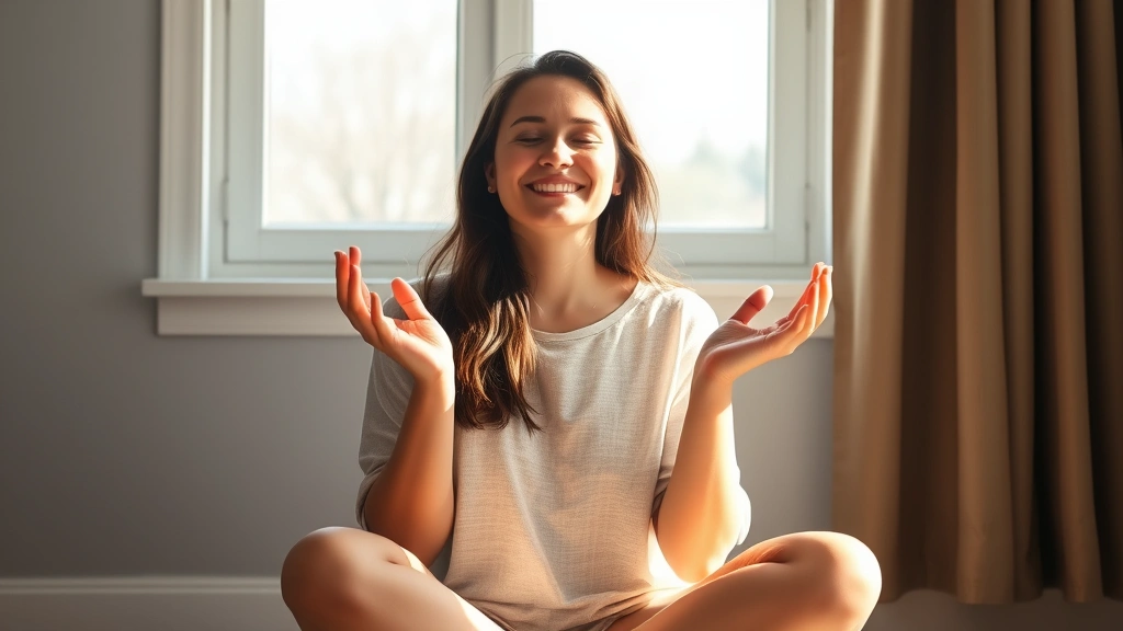 A person sitting peacefully in morning sunlight near a window, hands open in a gesture of acceptance and growth, with soft natural light illuminating their face showing contentment and spiritual peace