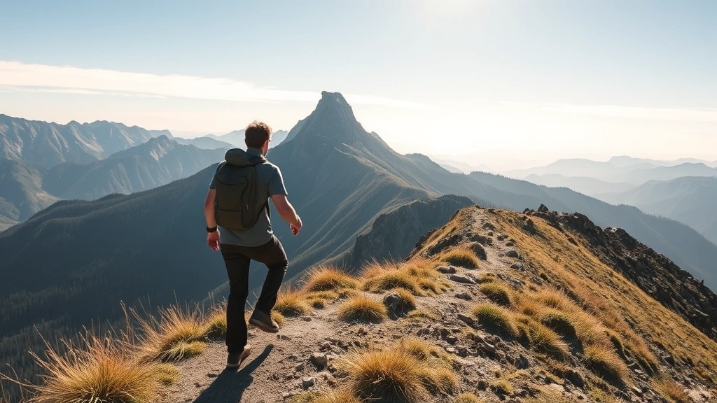 Someone climbing a mountain trail with determination, looking upward toward the summit with clear sky, representing spiritual ascent and overcoming challenges through faith and perseverance