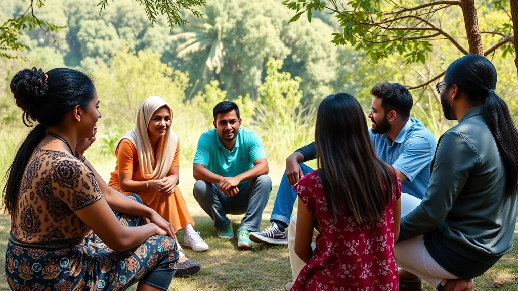 A diverse group of people in meaningful conversation, sitting in a circle outdoors in nature, showing community support, mentorship, and collective growth through shared wisdom