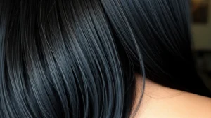 Close-up of healthy glossy Black hair texture showing shine and volume, person's shoulder visible, natural indoor lighting, professional salon quality appearance