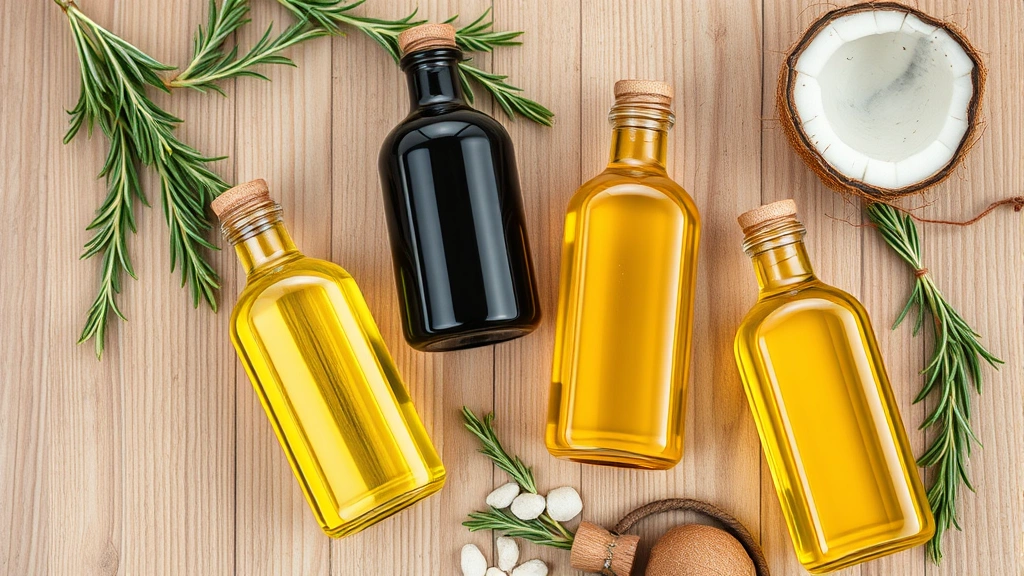 Overhead view of pure golden and dark oils in glass bottles arranged on natural wood surface with fresh ingredients like rosemary sprigs and coconut, minimalist styling