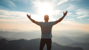 A person standing confidently at a mountain summit at sunrise, arms slightly raised, looking toward the horizon with peaceful determination, golden light illuminating their face, mountainous landscape stretching below, embodying personal triumph and self-assurance