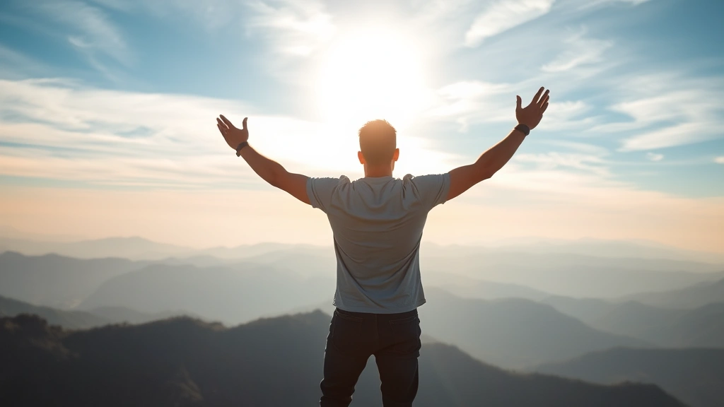 A person standing confidently at a mountain summit at sunrise, arms slightly raised, looking toward the horizon with peaceful determination, golden light illuminating their face, mountainous landscape stretching below, embodying personal triumph and self-assurance