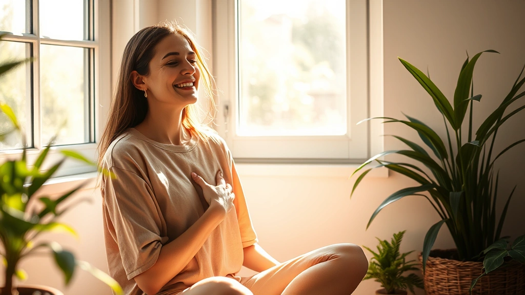 A woman sitting peacefully in a sunlit room near a window, hand on heart, gentle smile, soft natural light casting warm shadows, surrounded by plants, reflecting inner peace and self-compassion during a quiet moment of reflection