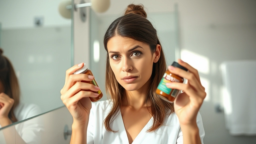 Woman examining supplement bottle thoughtfully in bright natural light, looking skeptical yet curious, clean modern bathroom setting, professional health-conscious appearance