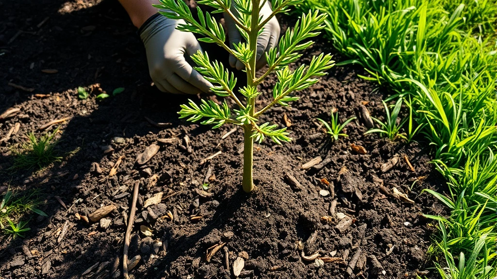 A young bur oak sapling being planted in rich, dark amended soil with organic mulch, gardener's hands visible working the soil, morning sunlight filtering through, vibrant green grass surrounding the planting area, professional horticultural setting