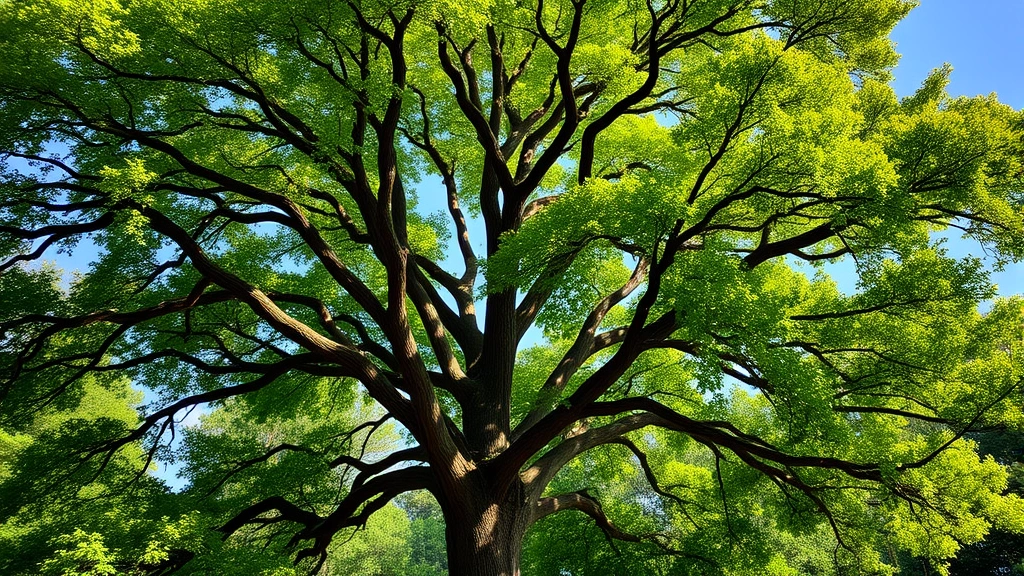 Mature bur oak tree in full sunlight with dense, healthy green canopy, strong trunk structure visible, dappled sunlight on forest floor below, clear blue sky, evidence of proper pruning and branch structure, thriving woodland environment
