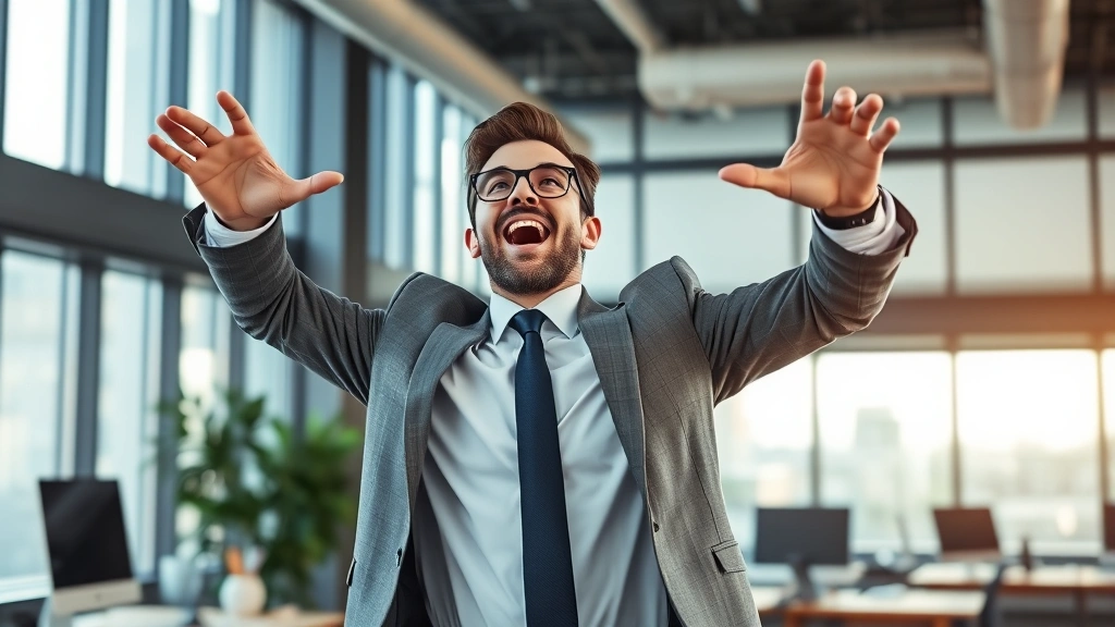 Professional businessman in modern office having breakthrough moment, energized expression, natural window lighting, contemporary workspace with technology, authentic business environment, photorealistic, no text visible