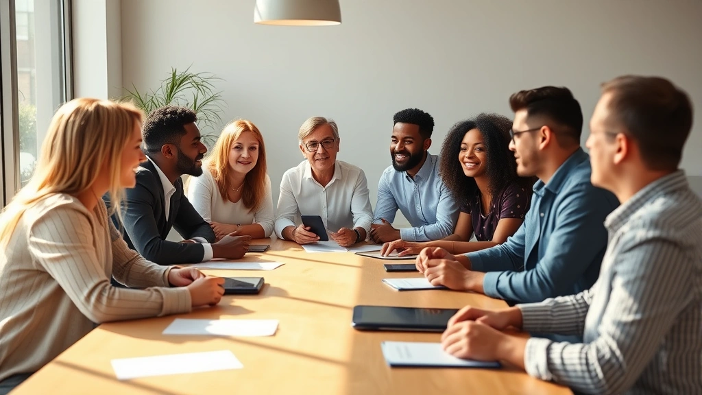 Diverse leadership team in collaborative meeting, engaged discussion around table, morning sunlight, inclusive workplace culture, genuine human connection, high-energy productive atmosphere, photorealistic, no signage