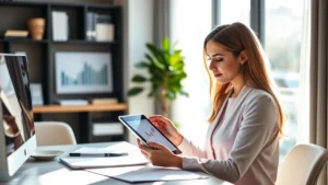 Professional woman reviewing financial charts on tablet in modern home office, morning sunlight, focused expression, financial documents nearby, contemporary minimalist design