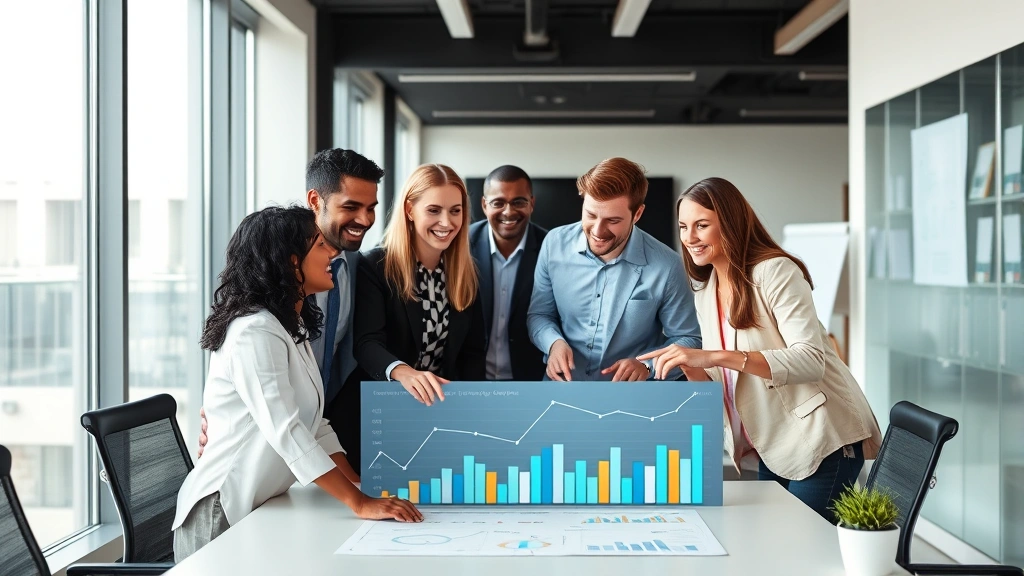 Diverse group of professionals collaborating around digital growth dashboard, pointing at upward trend lines, modern corporate office, diverse team engaged and motivated