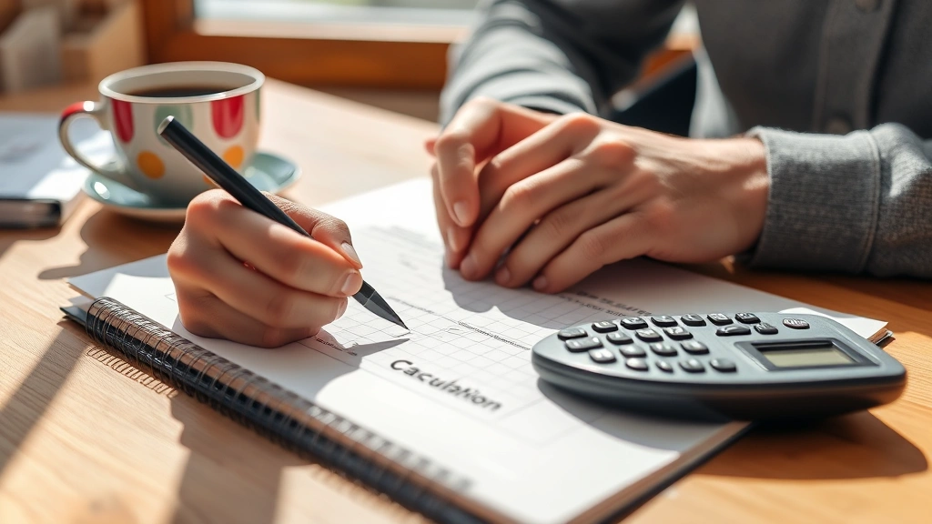 Close-up of hands writing growth calculations in notebook with calculator and coffee cup, natural desk workspace, sunlight streaming across paper, thoughtful concentration