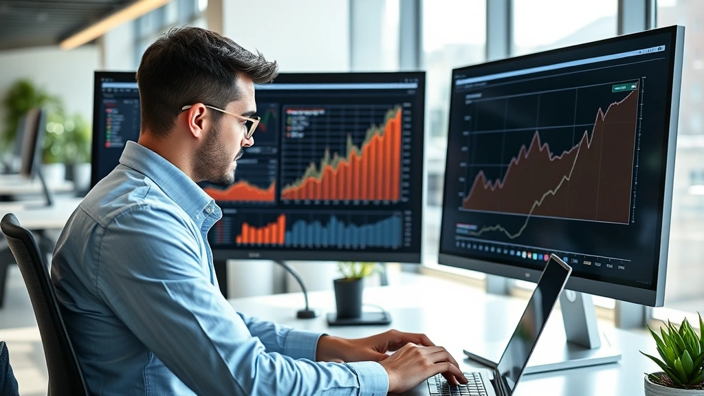 Professional person at laptop analyzing growth charts and exponential curves on multiple monitors, bright modern office environment, focused expression, morning natural lighting