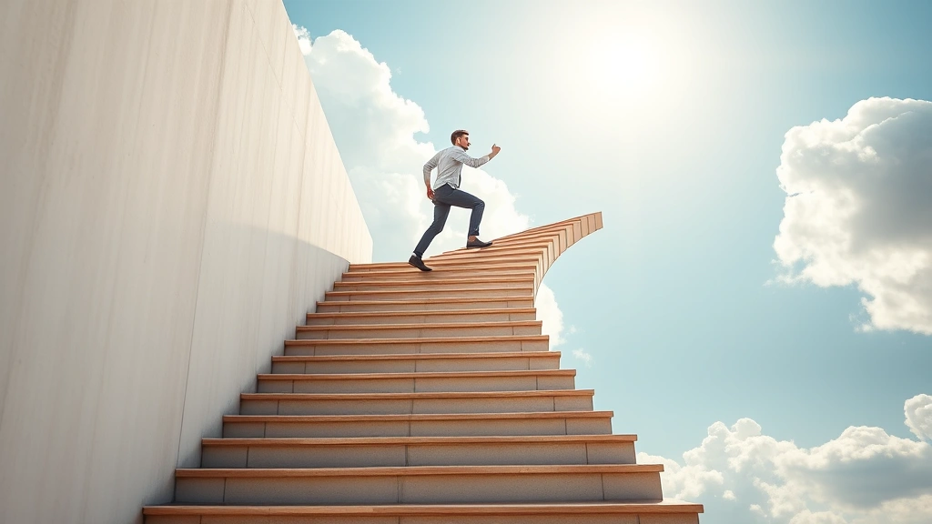 Confident individual climbing ascending staircase that curves exponentially upward into bright sky, symbolic representation of growth trajectory, inspirational and motivational