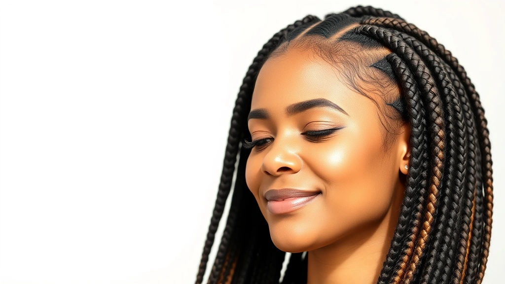 A woman with beautifully braided hair looking relaxed and confident, natural lighting showing healthy scalp and hair texture, peaceful expression suggesting hair care success and self-care
