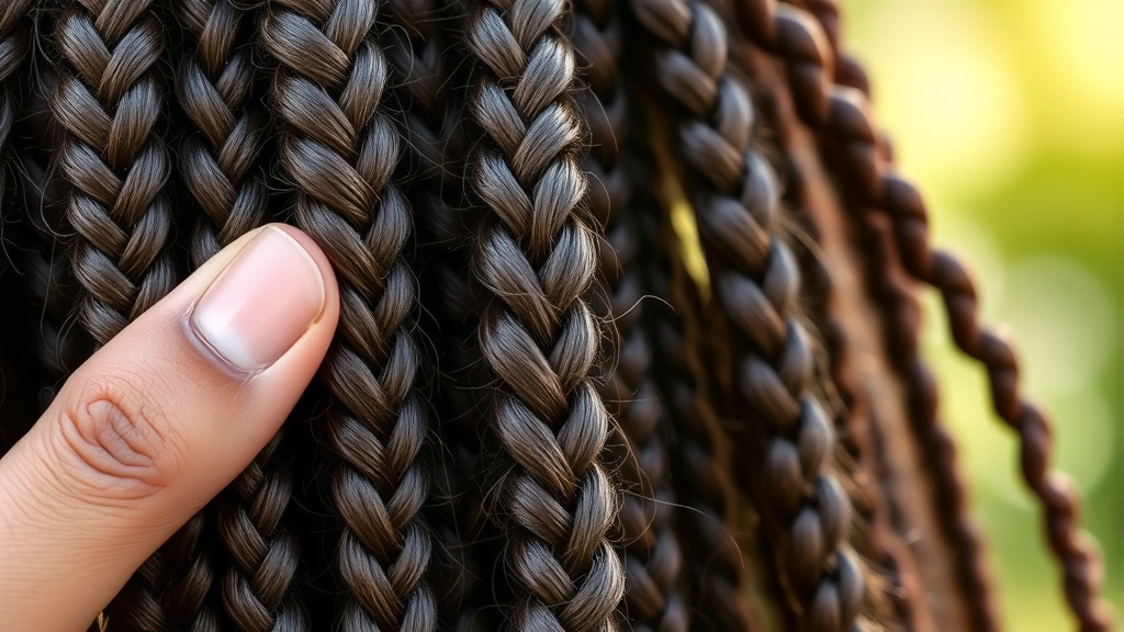 Close-up of healthy braided hair strands showing shine and vitality, fingers gently touching braids demonstrating proper tension and care, soft natural background emphasizing hair health