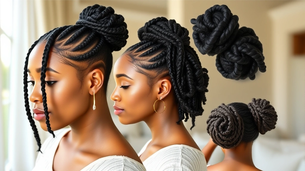 Woman with various protective styles in rotation—braids, twists, and buns—shown in sequence or collage format, representing the importance of style variety and hair care consistency, natural indoor lighting