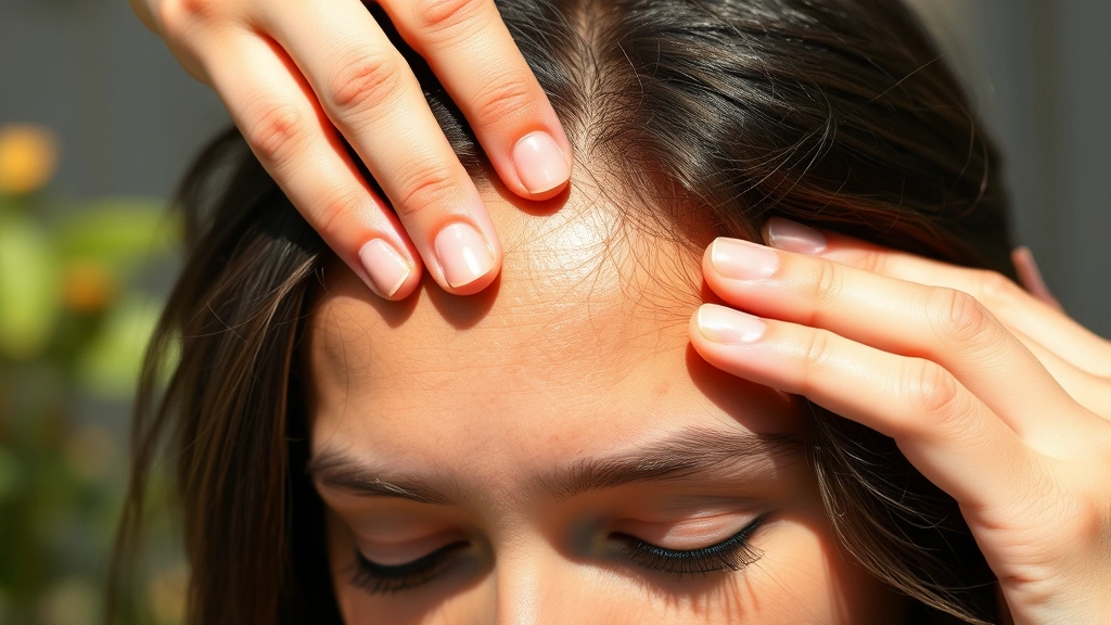 Close-up of person with healthy, thick hair being gently massaged with fingers on scalp, natural sunlight, serene expression, showing scalp care routine