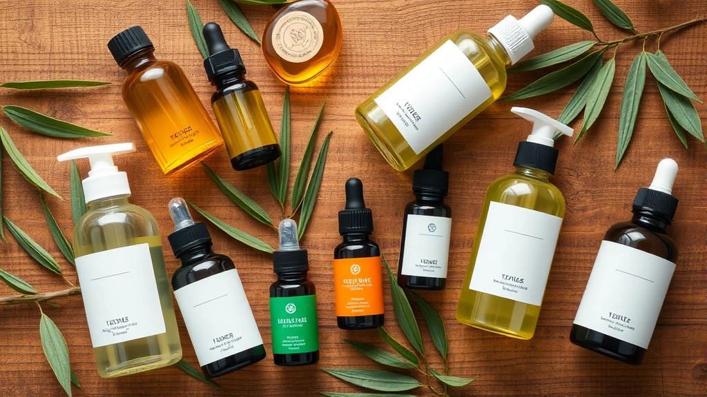 Overhead view of essential oil bottles and carrier oils arranged with fresh tea tree leaves and hair care products on wooden surface, wellness aesthetic