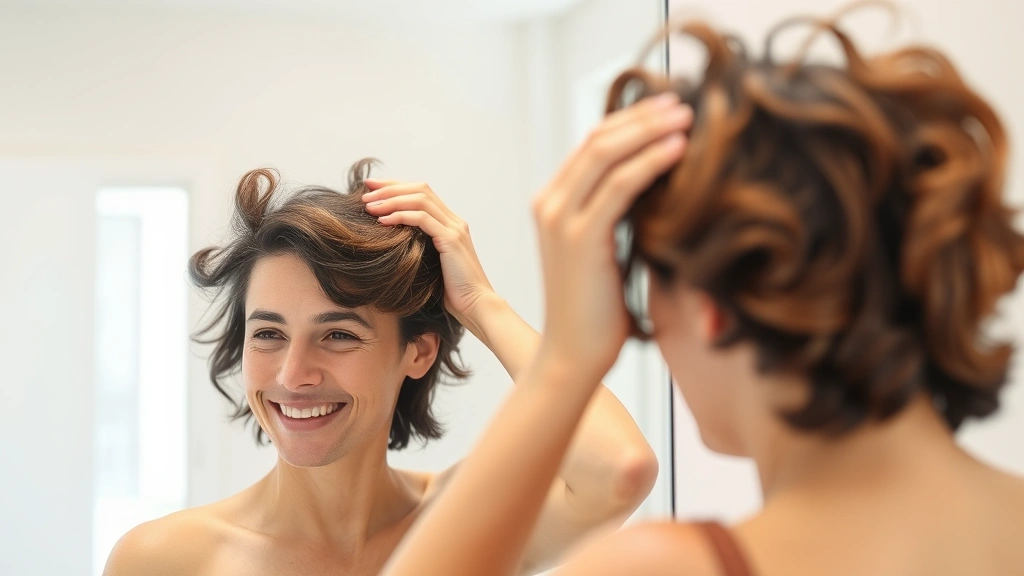 Person examining their hair and scalp in mirror with satisfied expression, clear skin visible, bright bathroom lighting, representing hair growth assessment and self-care