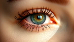 Close-up of a woman's eye with naturally full, healthy eyelashes gently catching light, showing texture and individual lash detail without makeup, soft studio lighting
