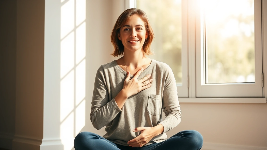 Woman sitting cross-legged in bright sunlight, hands on heart, peaceful confident expression, indoor window light, warm natural glow