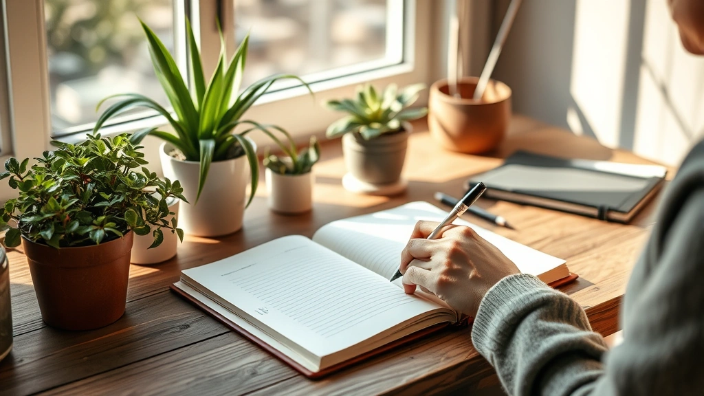 Person writing in journal at wooden desk with plants, focused and intentional, natural afternoon light streaming in, warm neutral tones