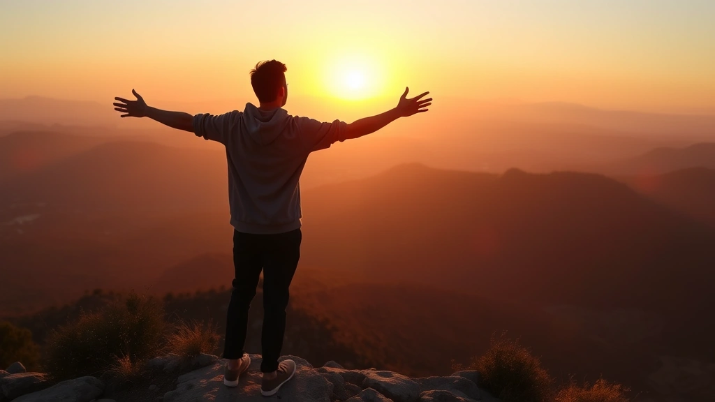 Individual standing on mountain overlook at sunrise, arms open, expansive landscape view, golden hour lighting, authentic joy and accomplishment
