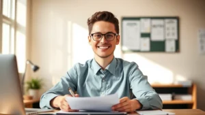 Person in professional attire smiling confidently at desk with completed project, natural lighting, warm tones, genuine expression of accomplishment and pride