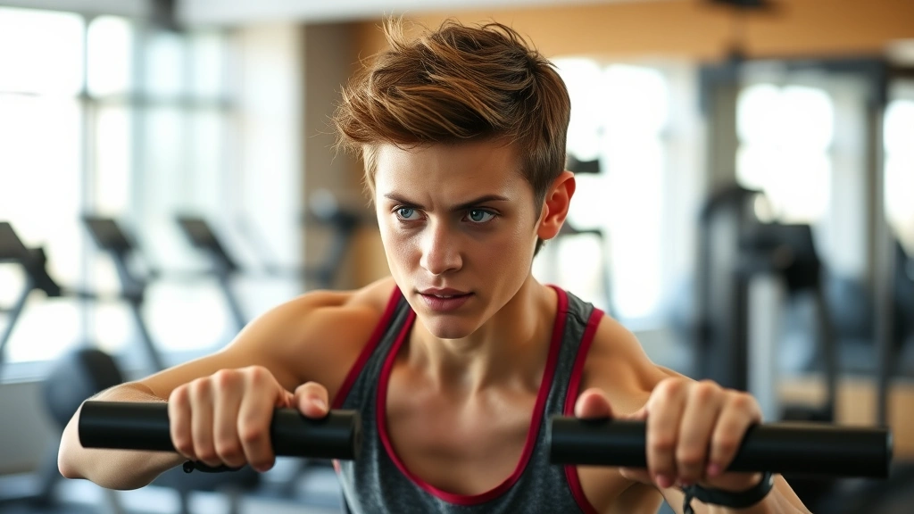 Young adult doing challenging workout with focused determination, athletic wear, gym setting, showing effort and commitment to personal growth