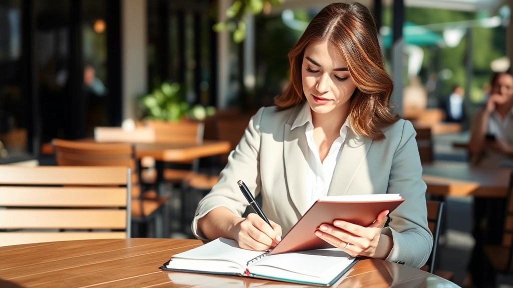 Professional woman writing in notebook at outdoor cafe, contemplative expression, natural sunlight, capturing self-reflection and intentional personal development