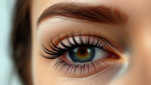 Close-up of a woman's eye with naturally full, healthy eyelashes with subtle glow, professional beauty lighting, serene expression, soft focus background, emphasizing lash length and thickness without makeup