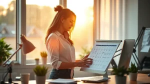 Professional woman at standing desk during golden hour morning light, looking focused and energized while reviewing calendar and planning tasks, natural workspace with plants, photorealistic
