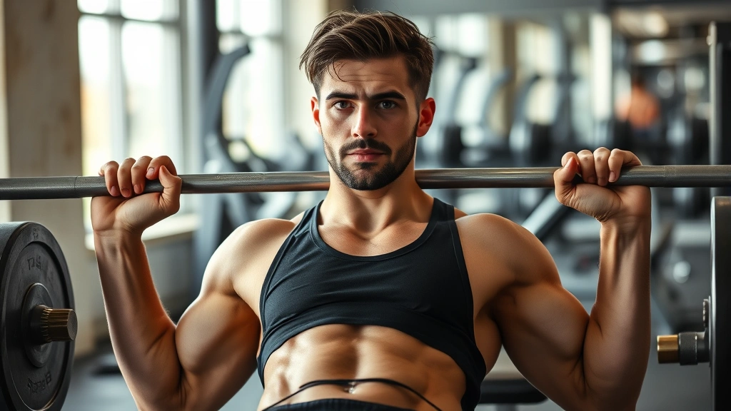 Athletic male performing barbell bench press in modern gym, focused expression, chest muscles engaged, natural lighting, professional fitness setting
