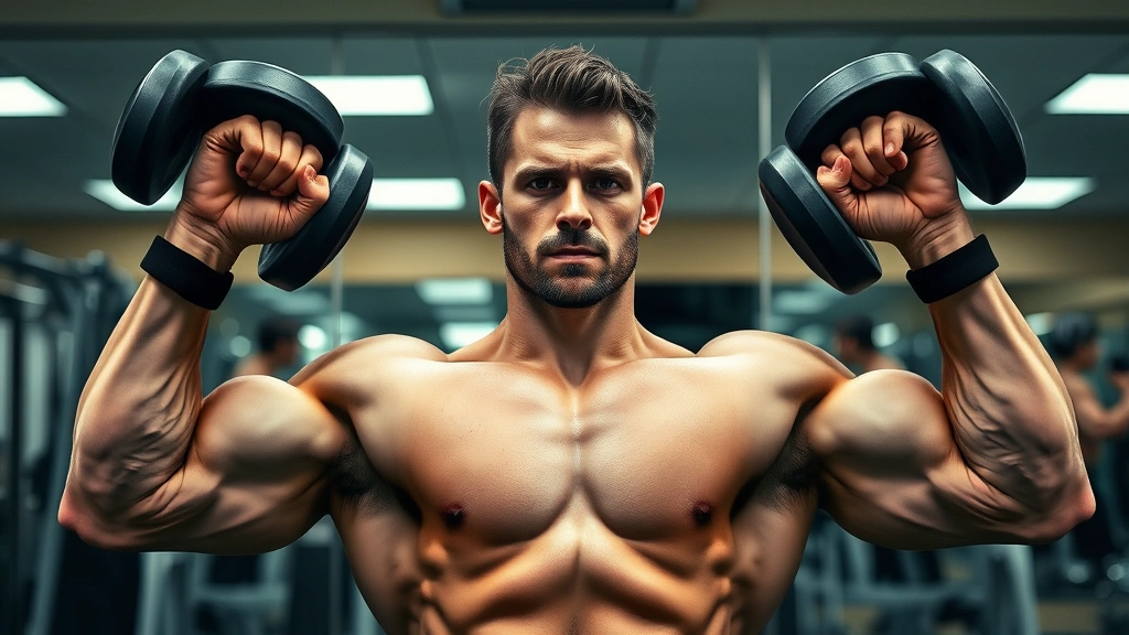 Muscular male executing dumbbell chest press with controlled form, dumbbells at shoulder height, intense concentration, gym environment with mirrors