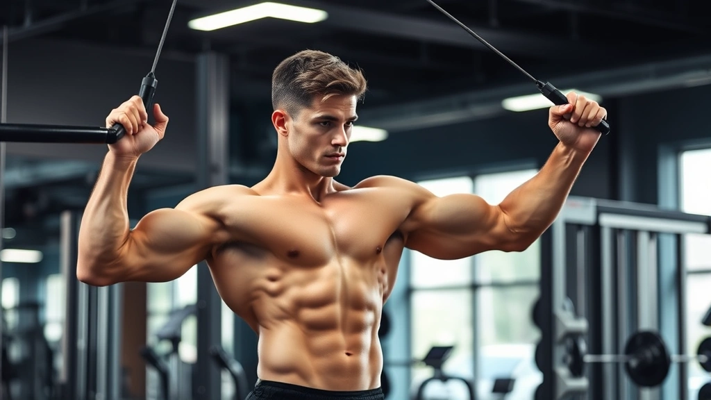 Fit athlete performing cable fly motion with smooth form, chest fully stretched, cables visible, professional gym facility, dynamic movement captured