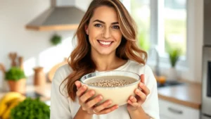 Woman holding bowl of chia seeds with healthy morning smoothie, bright kitchen background, natural daylight, calm confident expression, wearing light-colored wellness clothing, fresh ingredients visible