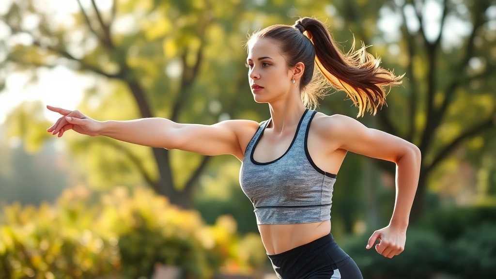Female runner stretching outdoors in morning sunlight, athletic wear, trees and garden background, focused determined expression, emphasizing health and fitness lifestyle