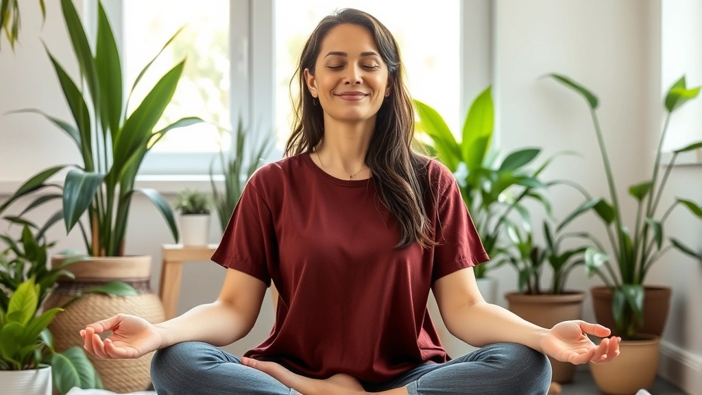Woman meditating peacefully in home setting with plants, natural window light, serene expression, wellness and self-care atmosphere, comfortable casual clothing